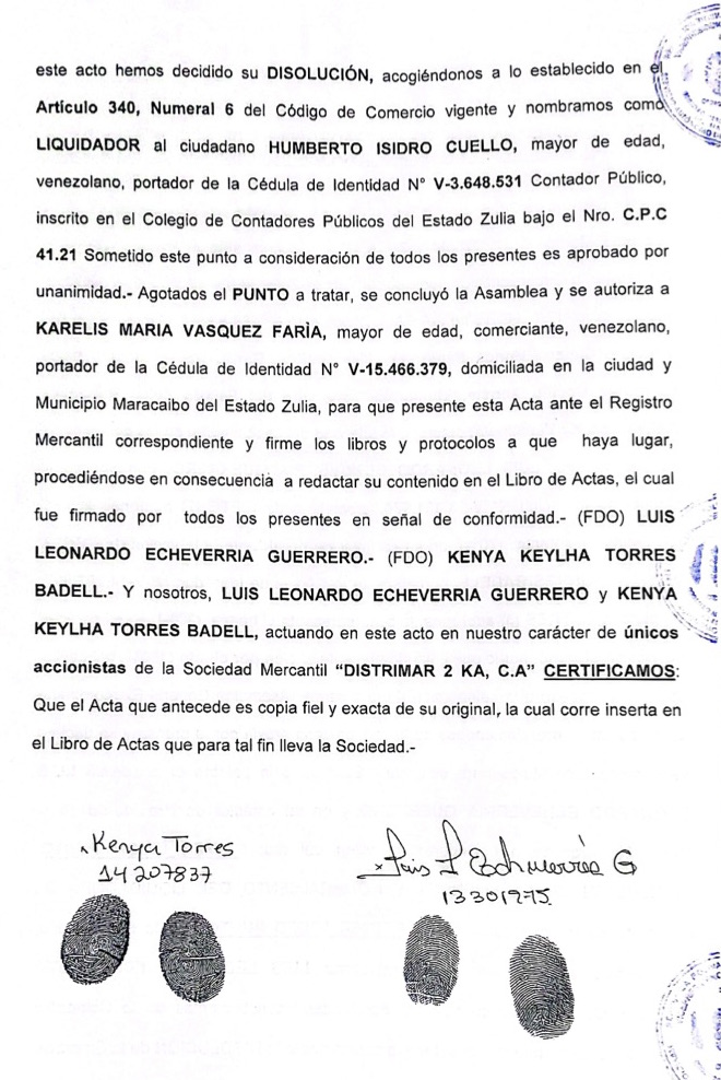 Publicación del Acta de Asamblea Extraordinaria de Accionistas de Distrimar 2 KA C.A. con ocasión de su Disolución 2 2