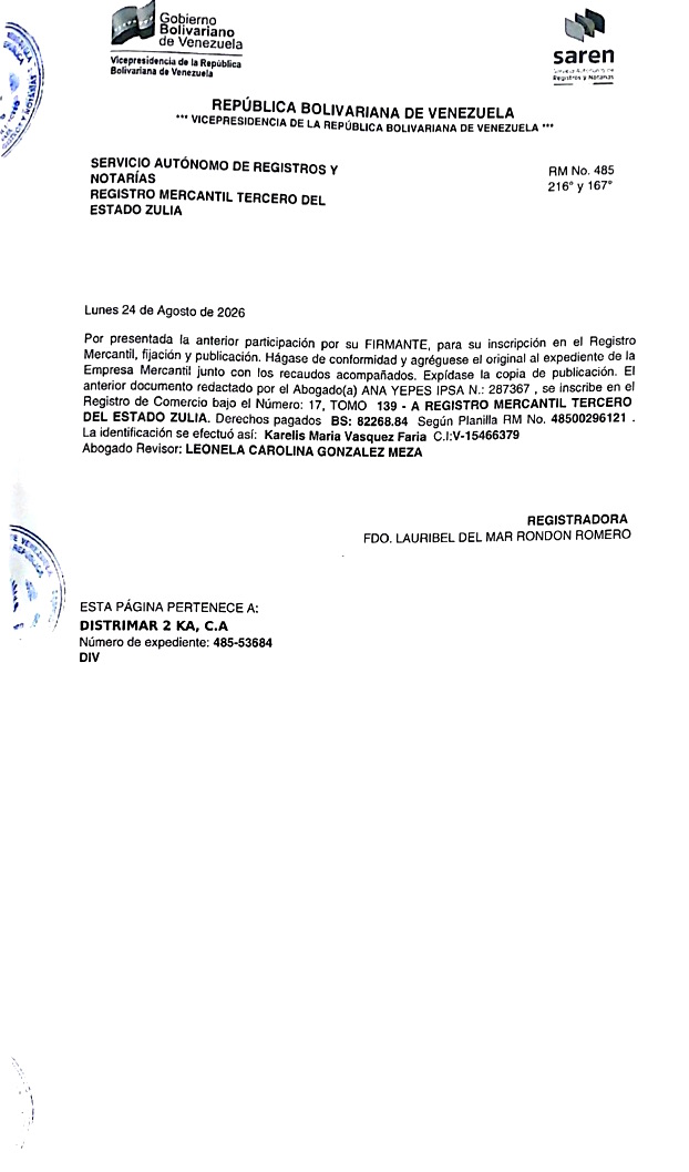 Publicación del Acta de Asamblea Extraordinaria de Accionistas de Distrimar 2 KA C.A. con ocasión de su Disolución 4 4