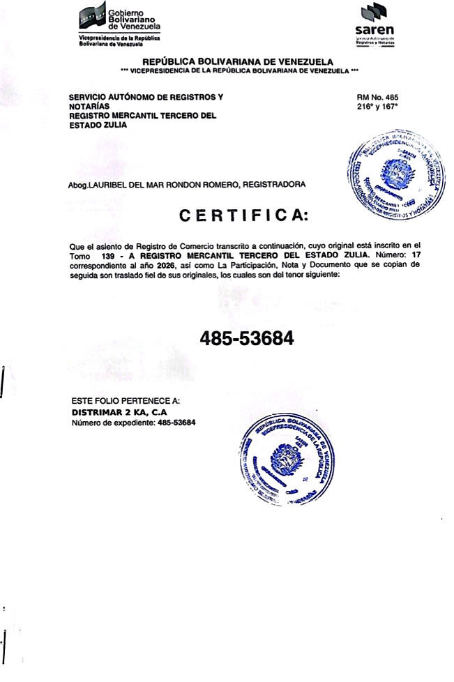 Publicación del Acta de Asamblea Extraordinaria de Accionistas de Distrimar 2 KA C.A. con ocasión de su Disolución 5 5