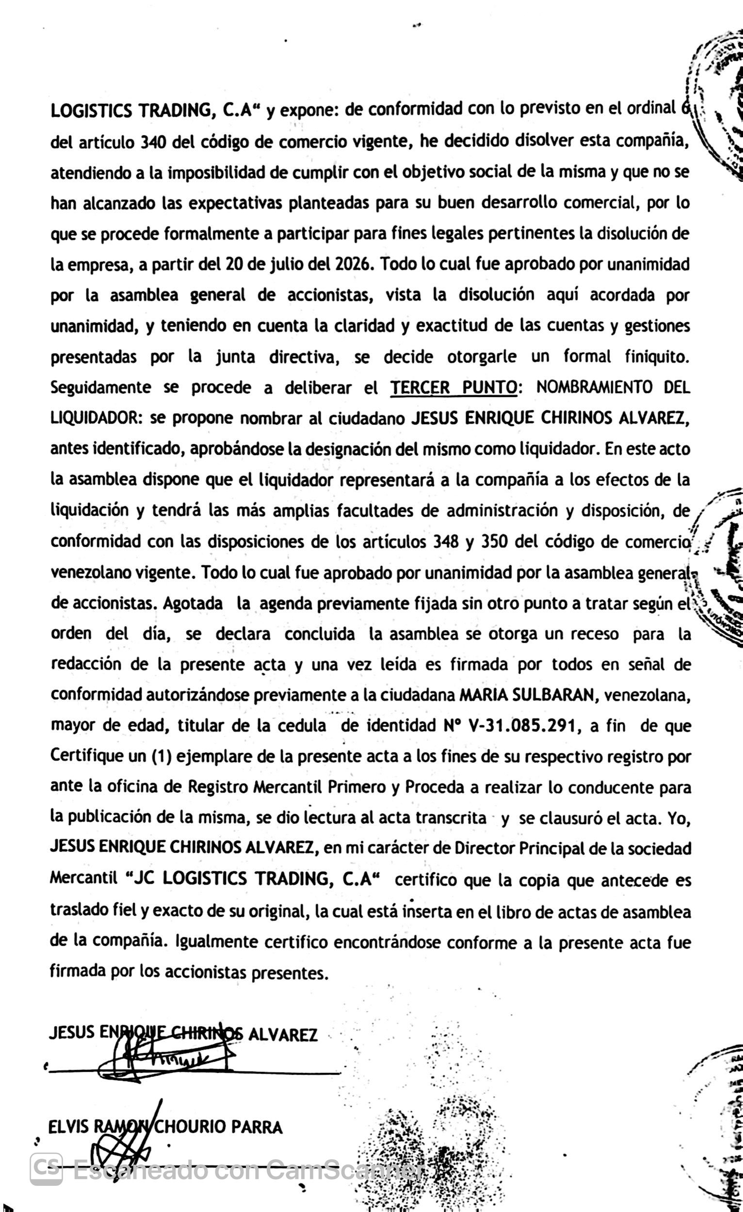 Acta de la Asamblea General Extraordinaria de Accionistas de JC Logistics Trading C.A. con ocasión de su Liquidación 2 CamScanner 12 8 26 12.07n 2