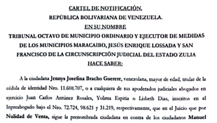 Cartel de Notificación a Jenny Josefina Bracho Guerere al juicio por Nulidad de Venta 3 Captura de pantalla 2026 08 03 a las 13.33.38