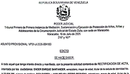 Edicto para todos los que puedan tener interés en el juicio por Rectificación de Acta intentado por Ender Enrique Santander y Anyi Melisa Otero Requena 2 Captura de pantalla 2026 08 04 a las 12.09.08