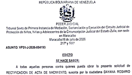 Edicto a todos los interesados en el juicio por Rectificación de Acta de Nacimiento de Dayana Rosario Molero Davalillo 2 Captura de pantalla 2026 08 05 a las 12.00.05