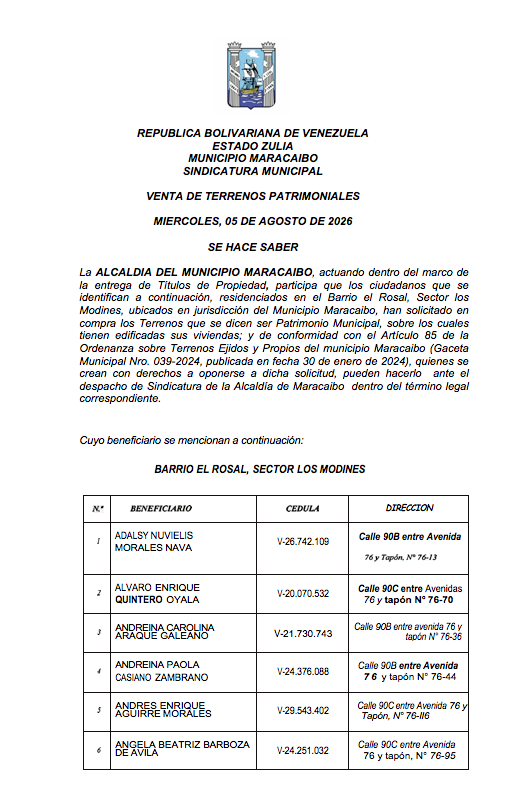 Notificación para cualquier interesado | Alcaldía de Maracaibo entrega títulos de propiedad a familias de Los Modines 1 Captura de pantalla 2026 08 06 a las 15.20.36