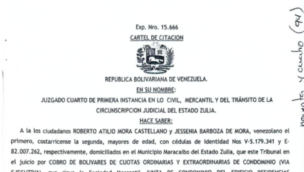 Cartel de Citación a Roberto Atilio Mora Castellano y a Jessenia Barboza de Mora al juicio por Cobro de Bolívares de Cuotas ordinarias y extraordinarias de Condominio en el edificio Montecelo 2 Captura de pantalla 2026 08 07 a las 11.04.46