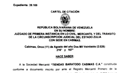 Cartel de Citación a Jesús Enrique Monasterio Alvarado de Tiendas Baratodo cabimas C.A. al juicio por Desalojo (Comercial) 2 Captura de pantalla 2026 08 19 a las 17.40.21