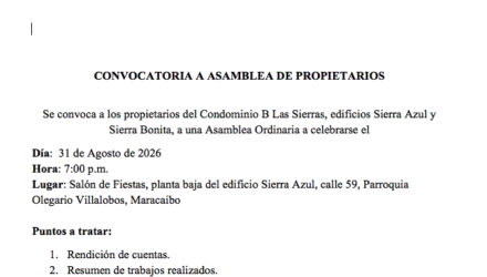 Convocatoria a la Asamblea Ordinaria de Propietarios del Condominio B de los edificios Sierra Azul y Sierra Bonita 2 Captura de pantalla 2026 08 27 a las 8.40.46