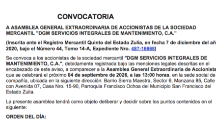 Convocatoria a la Asamblea General Extraordinaria de Accionistas de DGM Servicios Integrales de Mantenimiento C.A. 2 Captura de pantalla 2026 08 31 a las 8.09.08