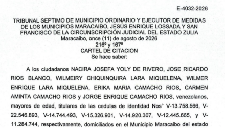 Cartel de Citación a Nacira Josefa Yoly de Rivero, José Ricardo Ríos Blanco, Wilmeiry Chiquinquirá Lara Miquelena, Wilmer Enrique Lara Miquelena, Erika María Camacho Ríos, Carmen Aminta Camacho Ríos y Jorge Enrique Camacho Ríos al juicio por Reconocimiento de Instrumento Privado 2 Cartel 4032