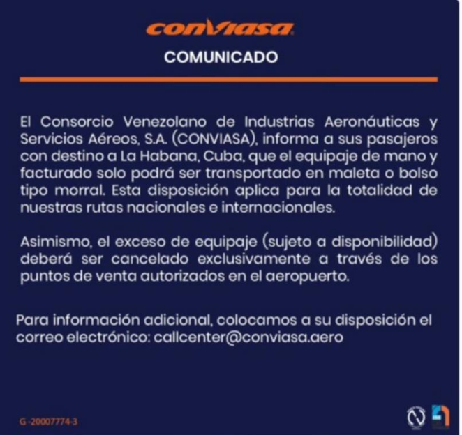 Conviasa emitió políticas de restricción al equipaje 2 Conviasa