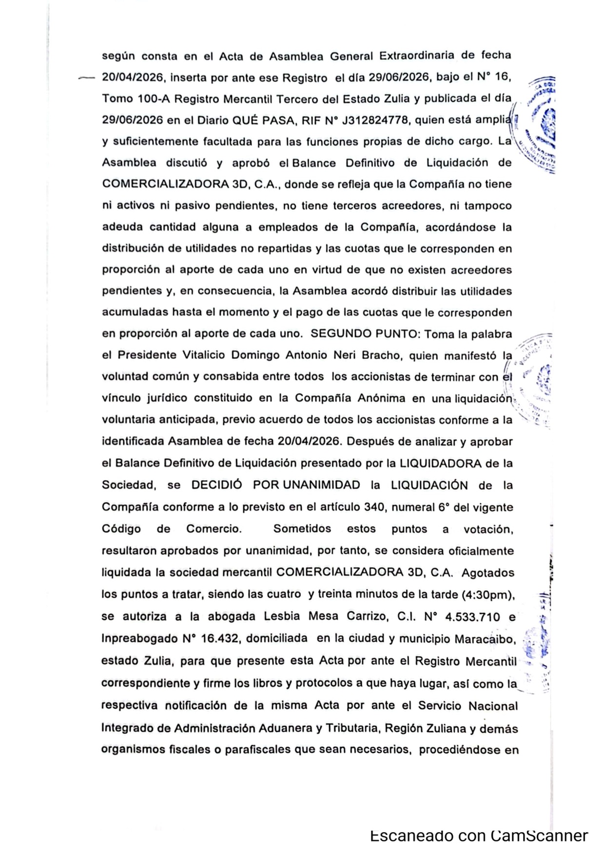 Publicación del Acta de la Asamblea General Extraordinaria de Accionistas de Comercializadora 3D C.A. con ocasión de su Disolución 2 DOC2