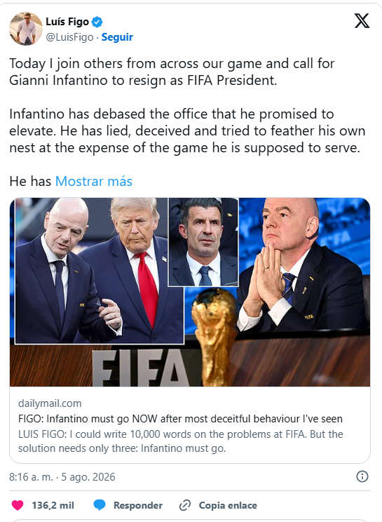 ¡Que renuncie a la FIFA! Escándalos acorralan a Infantino 2 Figo