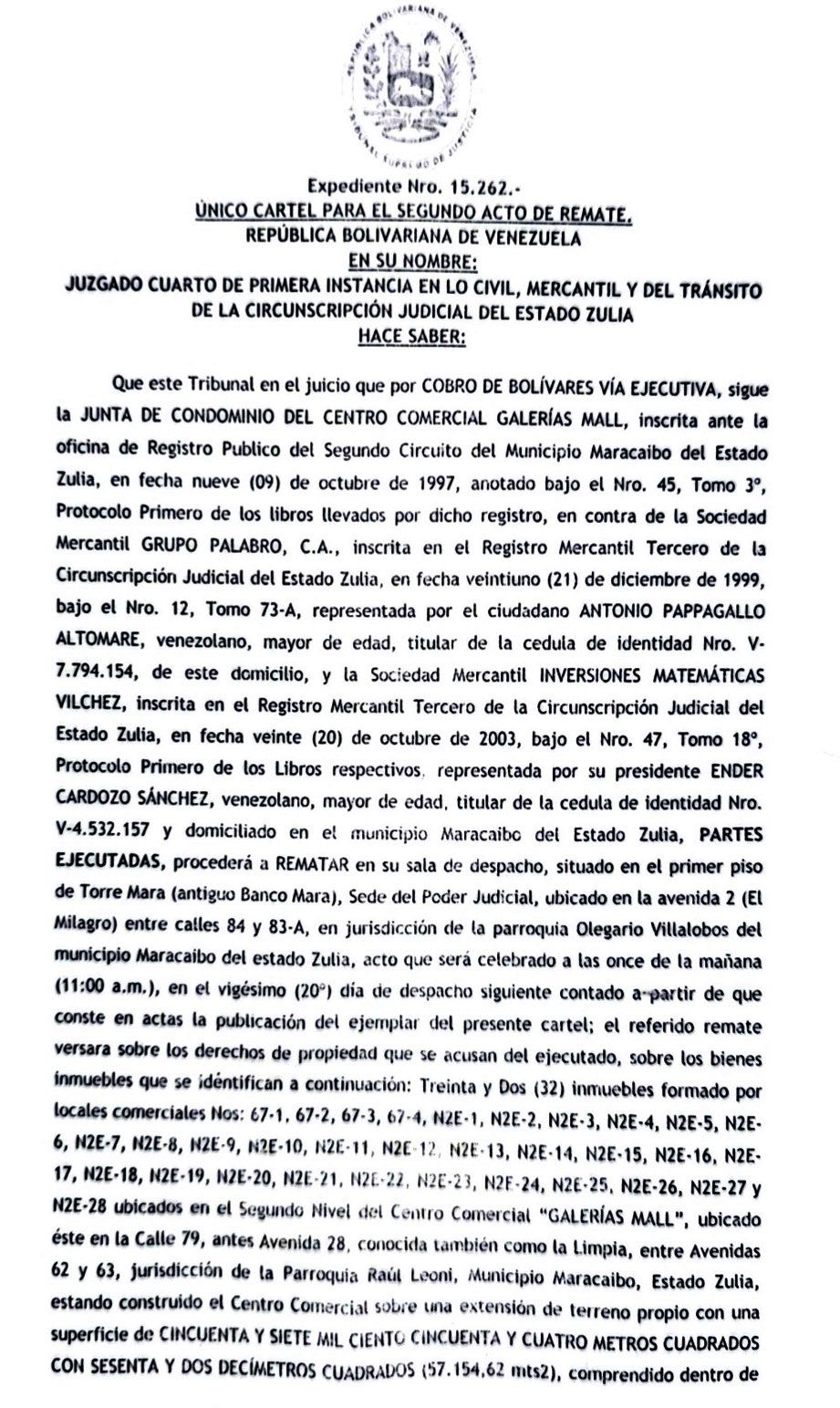 Cartel para el Segundo Acto de Remate en el juicio por Cobro de Bolívares que sigue Centro Comercial Galerías Mall contra el Grupo Palabro C.A. 1 Galerias1