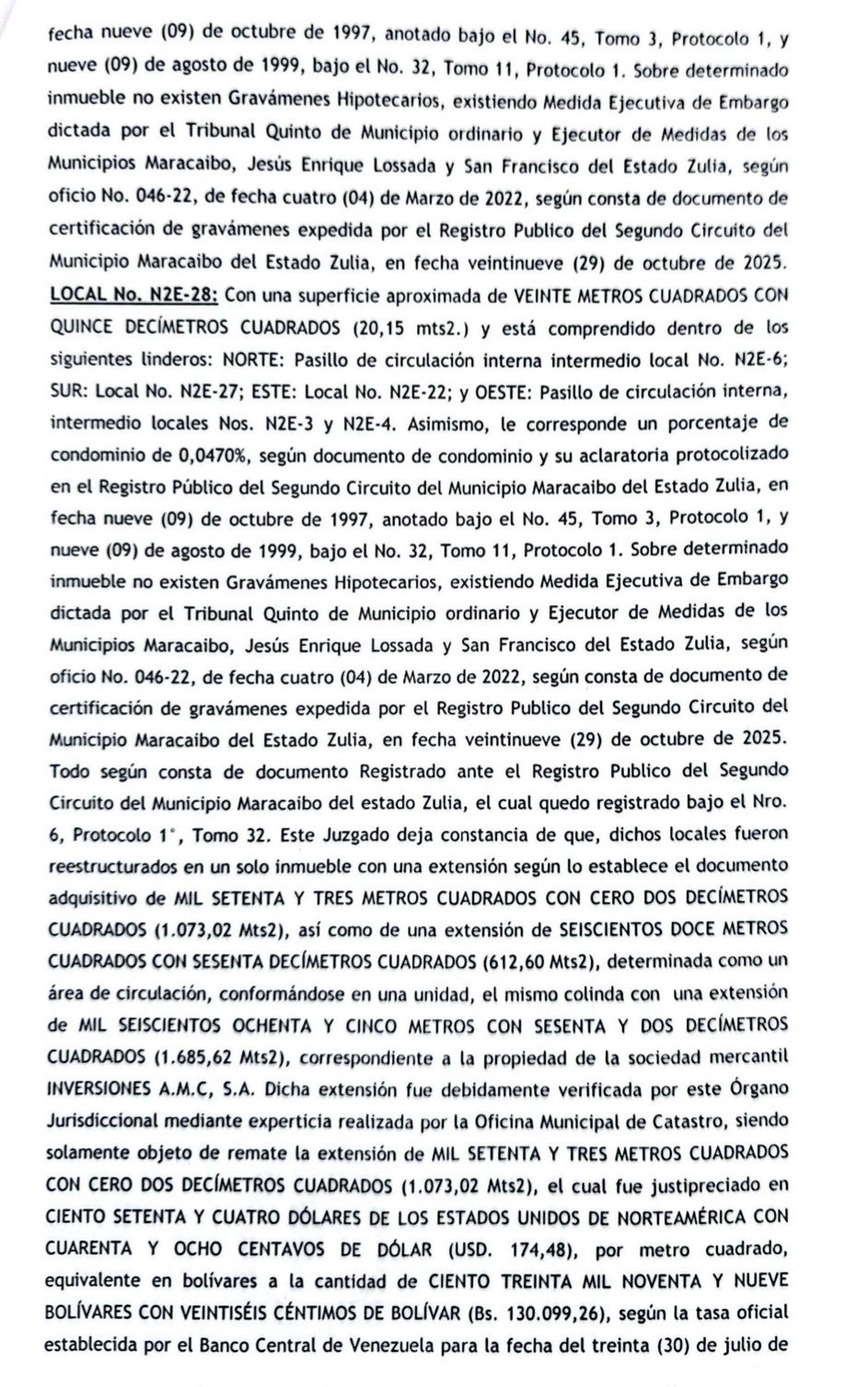 Cartel para el Segundo Acto de Remate en el juicio por Cobro de Bolívares que sigue Centro Comercial Galerías Mall contra el Grupo Palabro C.A. 13 Galerias13