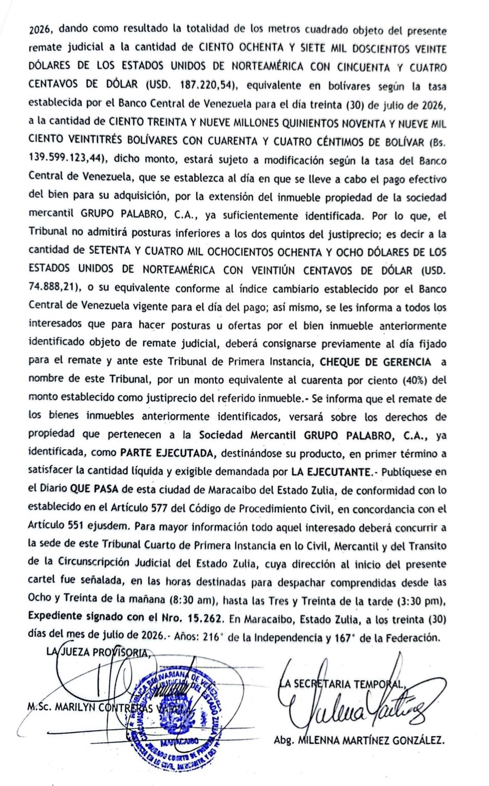 Cartel para el Segundo Acto de Remate en el juicio por Cobro de Bolívares que sigue Centro Comercial Galerías Mall contra el Grupo Palabro C.A. 14 Galerias14