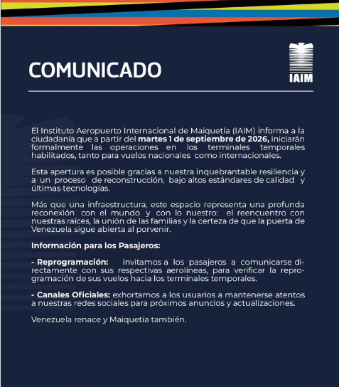 Aeropuerto de Maiquetía dizque comenzará operaciones el próximo martes 01 de septiembre 2 Maiquetia comunicado