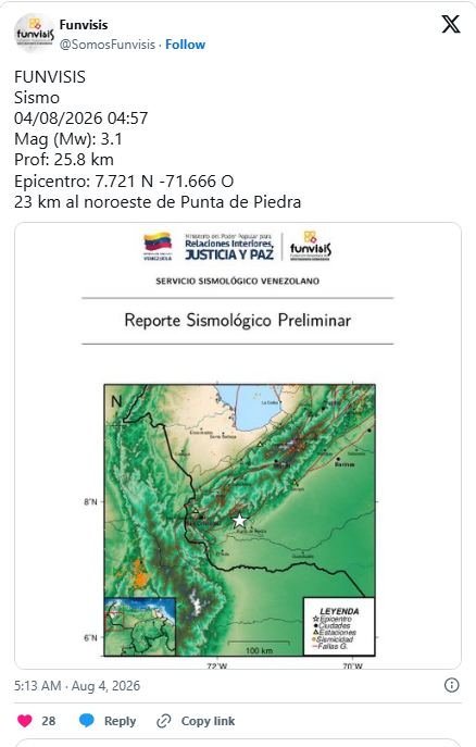 Venezuela registró dos sismos seguidos de magnitud 3.1 este 4 de agosto: reporte de Funvisis 2 Registro 1