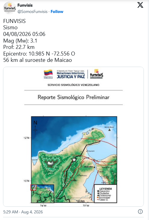 Venezuela registró dos sismos seguidos de magnitud 3.1 este 4 de agosto: reporte de Funvisis 3 Registro 2