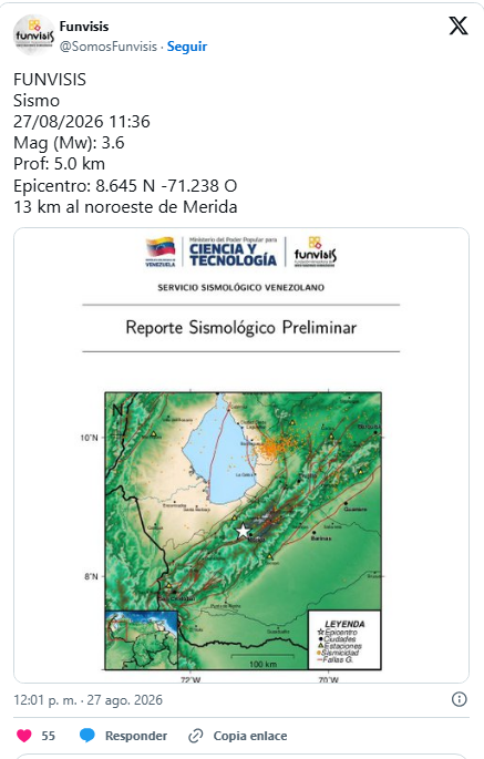 Funvisis reportó un sismo de magnitud 3,6 en Mérida 2 Reporte sismo