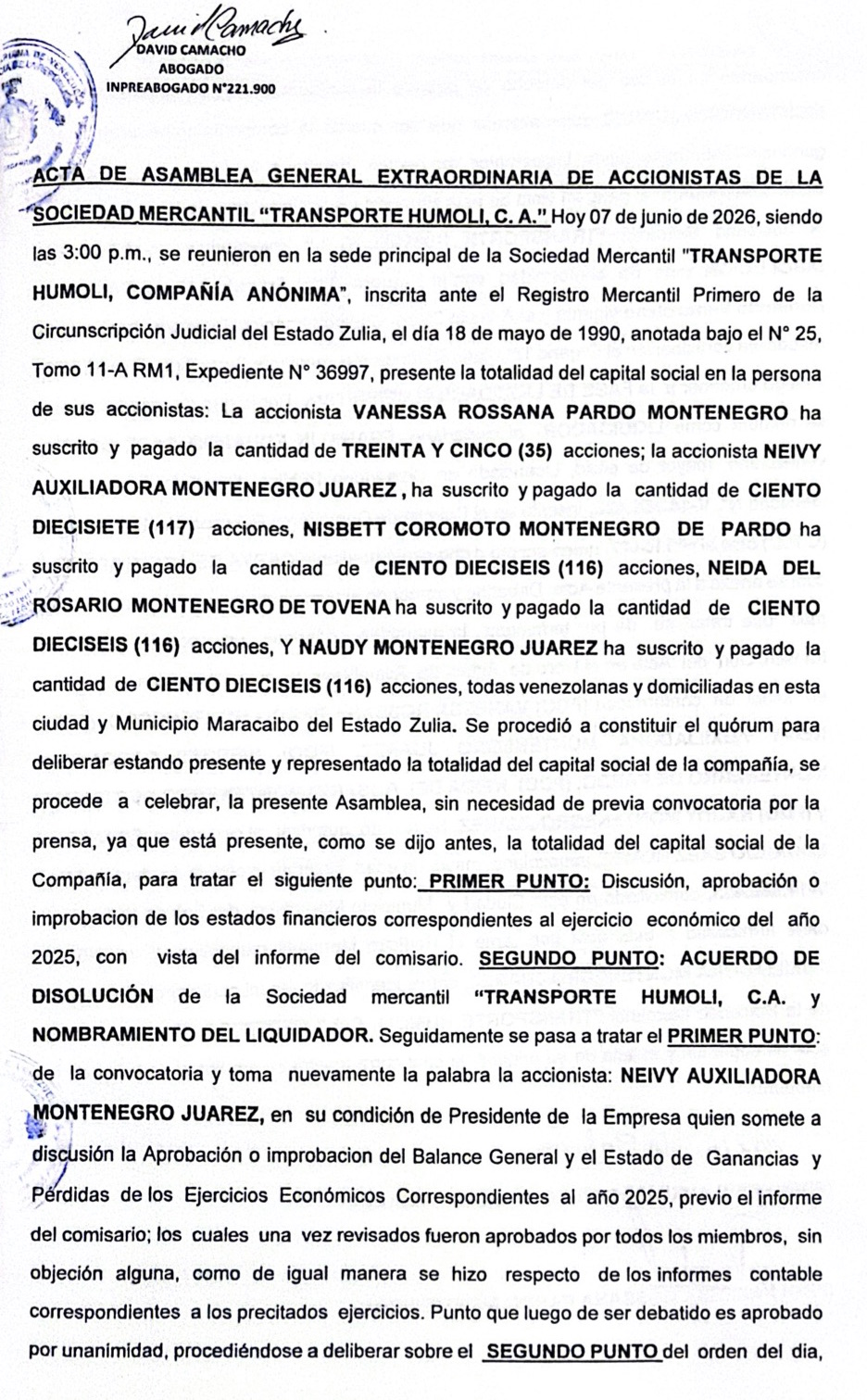 3ra. Publicación del Acta de Asamblea General Extraordinaria de Accionistas de Transporte Humoli C.A. con ocasión de su disolución 1 TRANSPORTE HUMOLI1