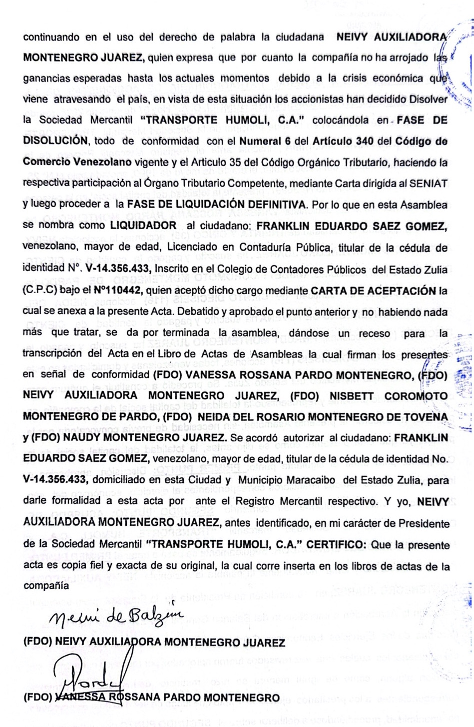 3ra. Publicación del Acta de Asamblea General Extraordinaria de Accionistas de Transporte Humoli C.A. con ocasión de su disolución 2 TRANSPORTE HUMOLI2