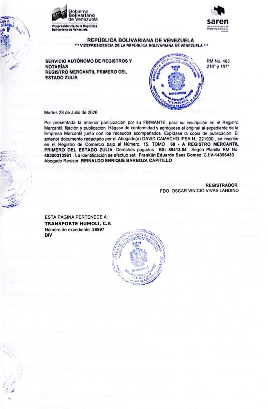 3ra. Publicación del Acta de Asamblea General Extraordinaria de Accionistas de Transporte Humoli C.A. con ocasión de su disolución 4 TRANSPORTE HUMOLI4