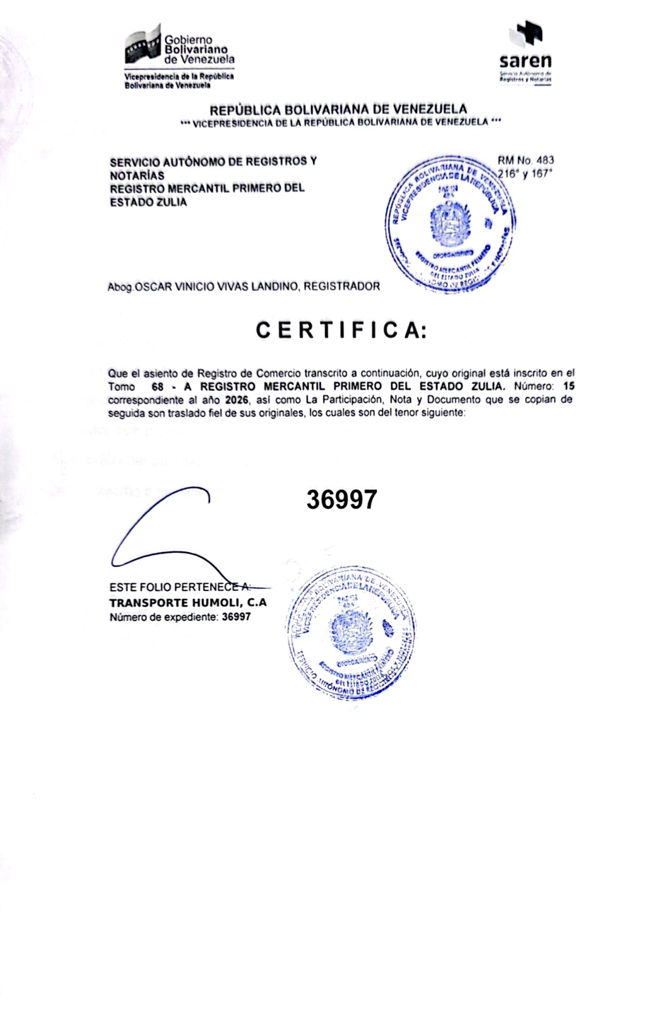 3ra. Publicación del Acta de Asamblea General Extraordinaria de Accionistas de Transporte Humoli C.A. con ocasión de su disolución 5 TRANSPORTE HUMOLI5