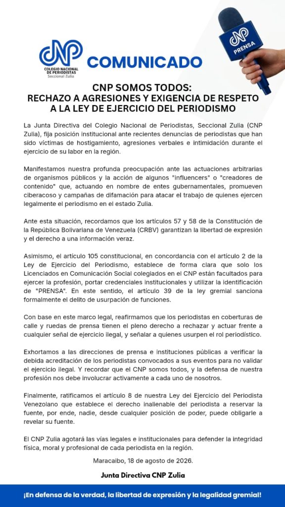 CNP Zulia rechazó agresiones a periodistas, el ciberacoso y la usurpación de funciones por «influencers» y creadores de contenido 3 WhatsApp Image 2026 08 18 at 08.11.16 576x1024 1