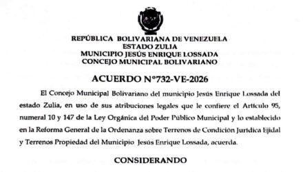 Municipio Lossada | Acuerdo de Desafectación y venta de terreno No.732-VE-2026 en beneficio de Yulvenis José González Rincón 3 pdf. Acuerdo de Ejidos de Yulvenis Gonzalez1n 1