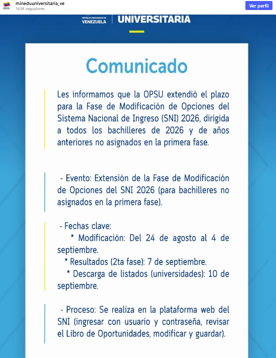 Opsu anunció nuevo plazo para el Sistema Nacional de Ingreso: así puede modificar sus opciones de carrera 2 posu