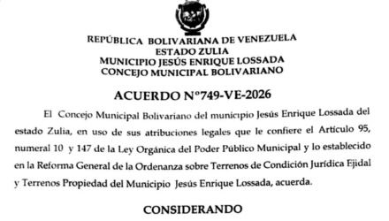 Municipio Lossada | Acuerdo de Desafectación y venta de terreno No.749-VE-2026 en beneficio de Levis de Jesús Arape Silva, Arelis del Carmen Suarez Rodríguez y Lengri José Arape Galbán 2 Captura de pantalla 2026 09 01 a las 8.16.20
