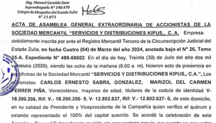 Publicación del Acta de la Asamblea General Extraordinaria de Accionistas de Servicios y Distribuciones Kipus C.A. con ocasión de su Disolución 4 Captura de pantalla 2026 09 04 a las 12.56.39