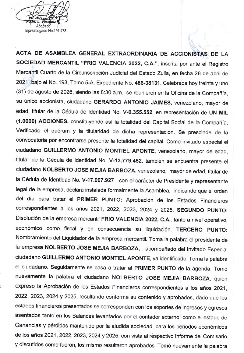 2nda. Publicación del Acta de Asamblea General Extraordinaria de Accionistas Frío Valencia 2022 con ocasión de su Disolución 1 Frio Valencia1