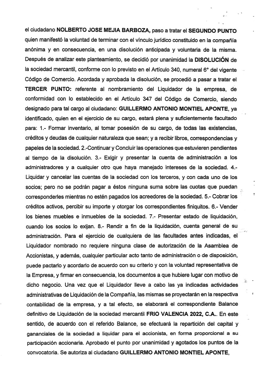 2nda. Publicación del Acta de Asamblea General Extraordinaria de Accionistas Frío Valencia 2022 con ocasión de su Disolución 2 Frio Valencia2