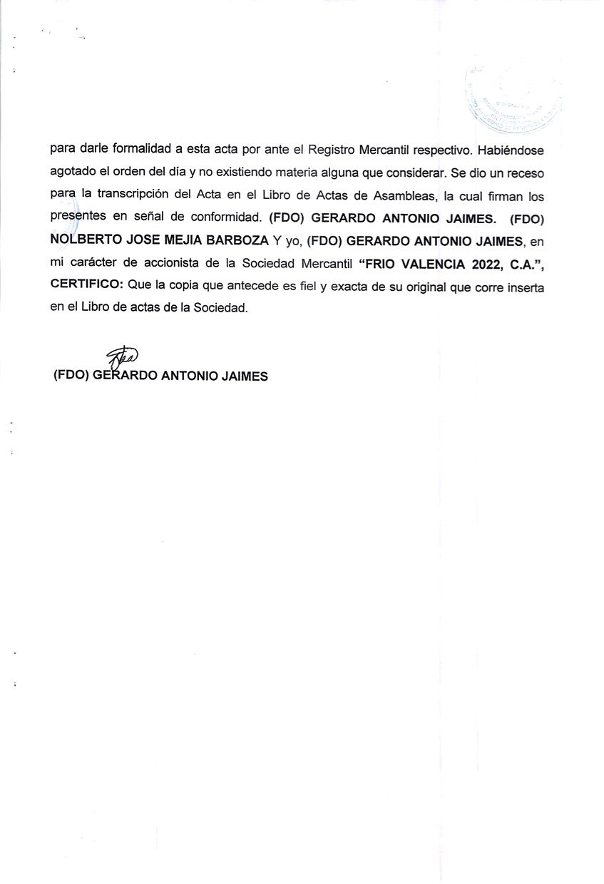 2nda. Publicación del Acta de Asamblea General Extraordinaria de Accionistas Frío Valencia 2022 con ocasión de su Disolución 3 Frio Valencia3