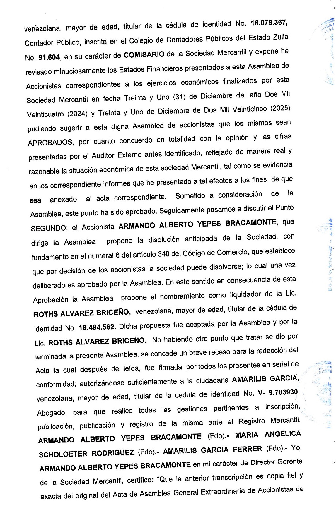 2nda. Publicación del Acta de Asamblea General Extraordinaria de Accionistas de Riberas de Obras C.A. con ocasión de su Disolución 2 LA ROCA2