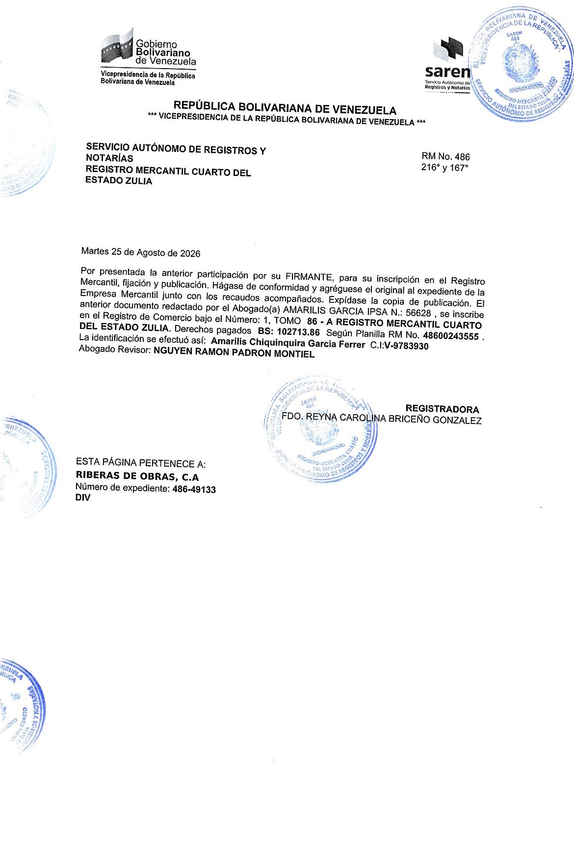 2nda. Publicación del Acta de Asamblea General Extraordinaria de Accionistas de Riberas de Obras C.A. con ocasión de su Disolución 5 LA ROCA5