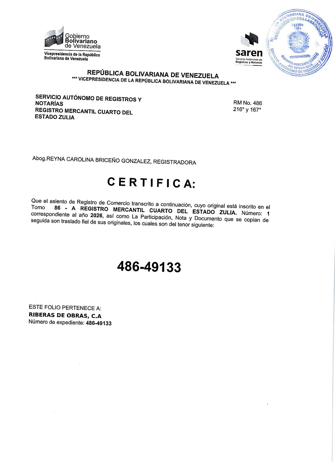 2nda. Publicación del Acta de Asamblea General Extraordinaria de Accionistas de Riberas de Obras C.A. con ocasión de su Disolución 6 LA ROCA6