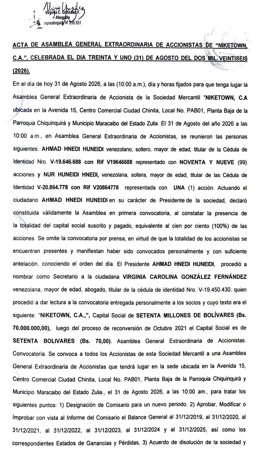 2nda. Publicación del Acta de la Asamblea General Extraordinaria de Accionistas de Niketown C.A. con ocasión de su Dilolución 1 Niketown1