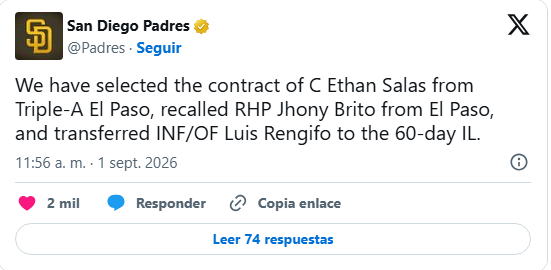 Padres subieron al prospecto venezolano Ethan Salas a las Grandes Ligas 2 Salas