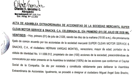 Publicación del Acta de Asamblea Extraordinaria de Accionistas de Super Clean Motor Service & Snacks C.A. con ocasión de su Disolución 2 Super Clean