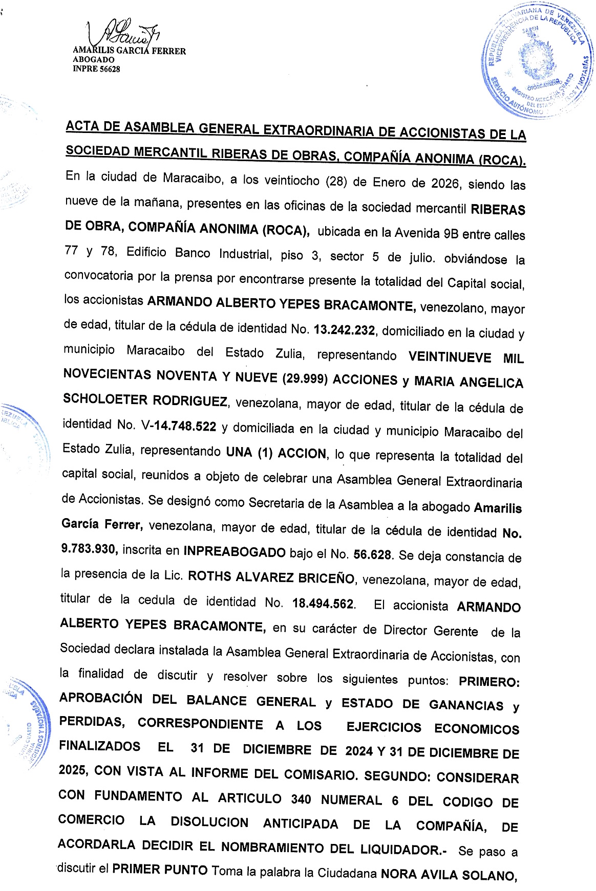 2nda. Publicación del Acta de Asamblea General Extraordinaria de Accionistas de Riberas de Obras C.A. con ocasión de su Disolución 1 kR2bA6F9 LA ROCA1