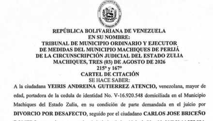 Cartel de Citación a Yeiris Andreina Gutierrez Atencio al juicio por Divorcio por Cartel de Citación a para hacerse presente en el Juicio por Divorcio por Desafecto 3 Captura de pantalla 2026 10 01 a las 11.19.52 a. m