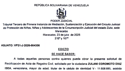 Edicto para todos los que puedan tener interés en el juicio incoado por Zulani Coromoto Díaz Isea para Rectificación de Acta de Registro Civil 4 Captura de pantalla 2026 10 08 a las 1.04.28 p. m