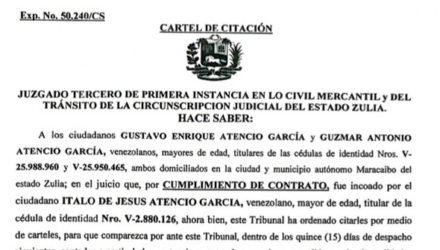 Cartel de Citación a Gustavo Enrique Atencio García y a Guzmar Antonio Atencio García al juicio por Cumplimiento de Contrato 2 Captura de pantalla 2026 10 08 a las 11.17.28 a. m