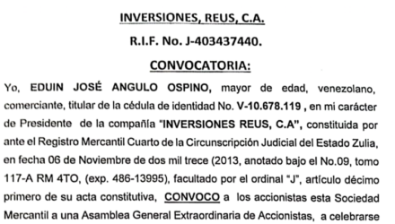 Convocatoria a una Asamblea General Extraordinaria de Accionista des Inversiones Reus C.A. 2 Captura de pantalla 2026 10 16 a las 14.32.22