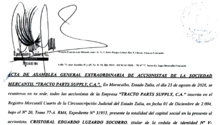 3era. Publicación del Acta de Asamblea Extraordinaria de Accionistas de Tracto Parts Supply C.A. con ocasión de su Disolución 2 Captura de pantalla 2026 10 16 a las 18.16.30