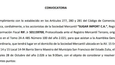 Convocatoria a una Asamblea General Extraordinaria de Accionistas de Sugar Import C.A. 6 Captura de pantalla 2026 10 23 a las 11.09.40
