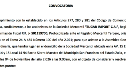 Convocatoria a Asamblea General Extraordinaria de Accionistas de Sugar Import C.A. 2 Captura de pantalla 2026 10 23 a las 12.54.16