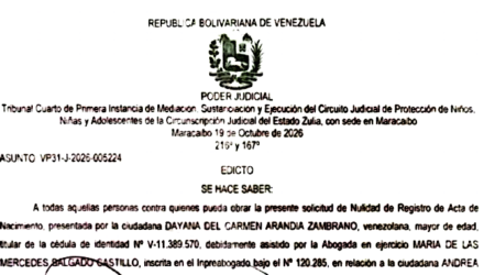 Edicto a todos los que puedan tener interés en el juicio por Nulidad de Registro de Acta de Nacimiento incoado por Dayana del Carmen Arandia Zambrano 2 Captura de pantalla 2026 10 23 a las 9.28.53